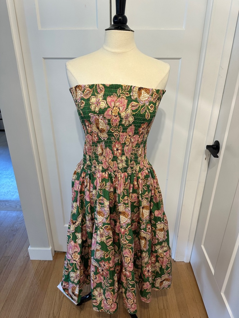Misa Los Angeles Green Strapless Floral Midi Dress with Pink & Gold Accents
